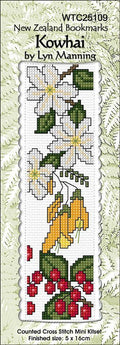 New Zealand designed Cross-stitch bookmark with Kowhai blossoms.
