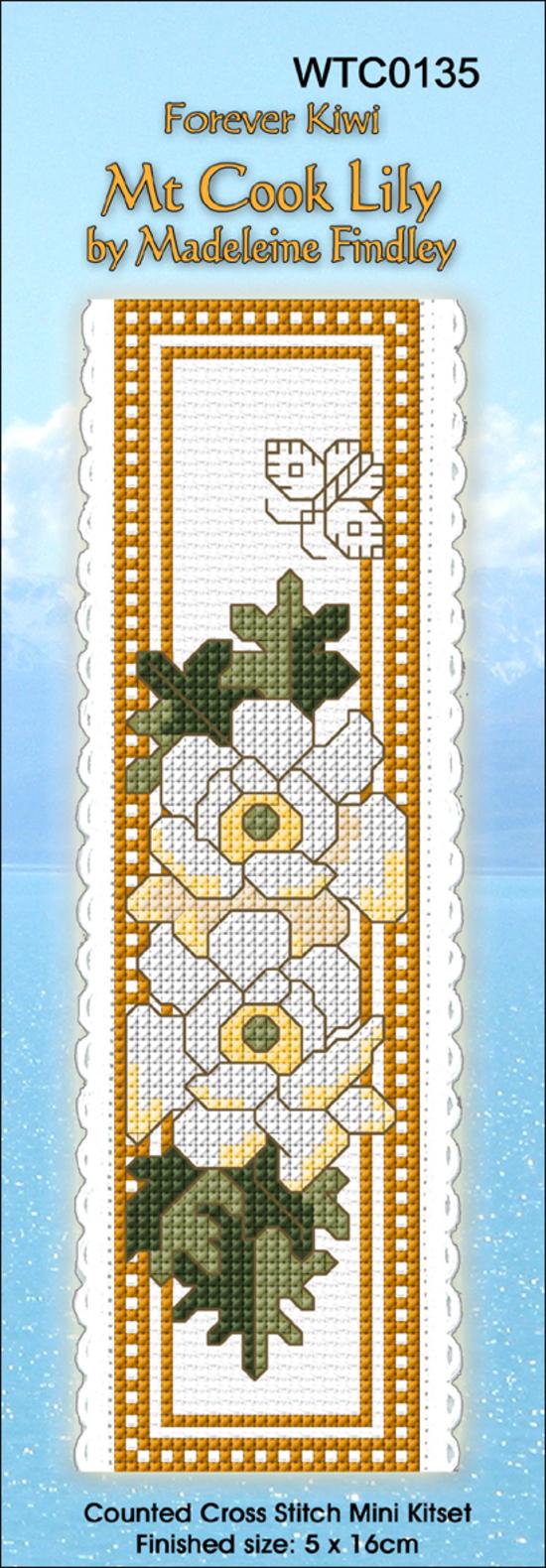 New Zealand designed Cross-stitch bookmark with Mt Cook Lillies.