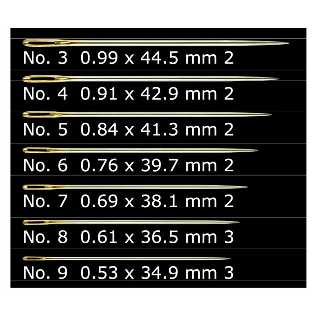 Set of gold needles with size and measurement labels on a black background