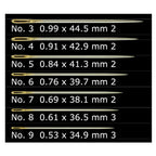 Set of gold needles with size and measurement labels on a black background