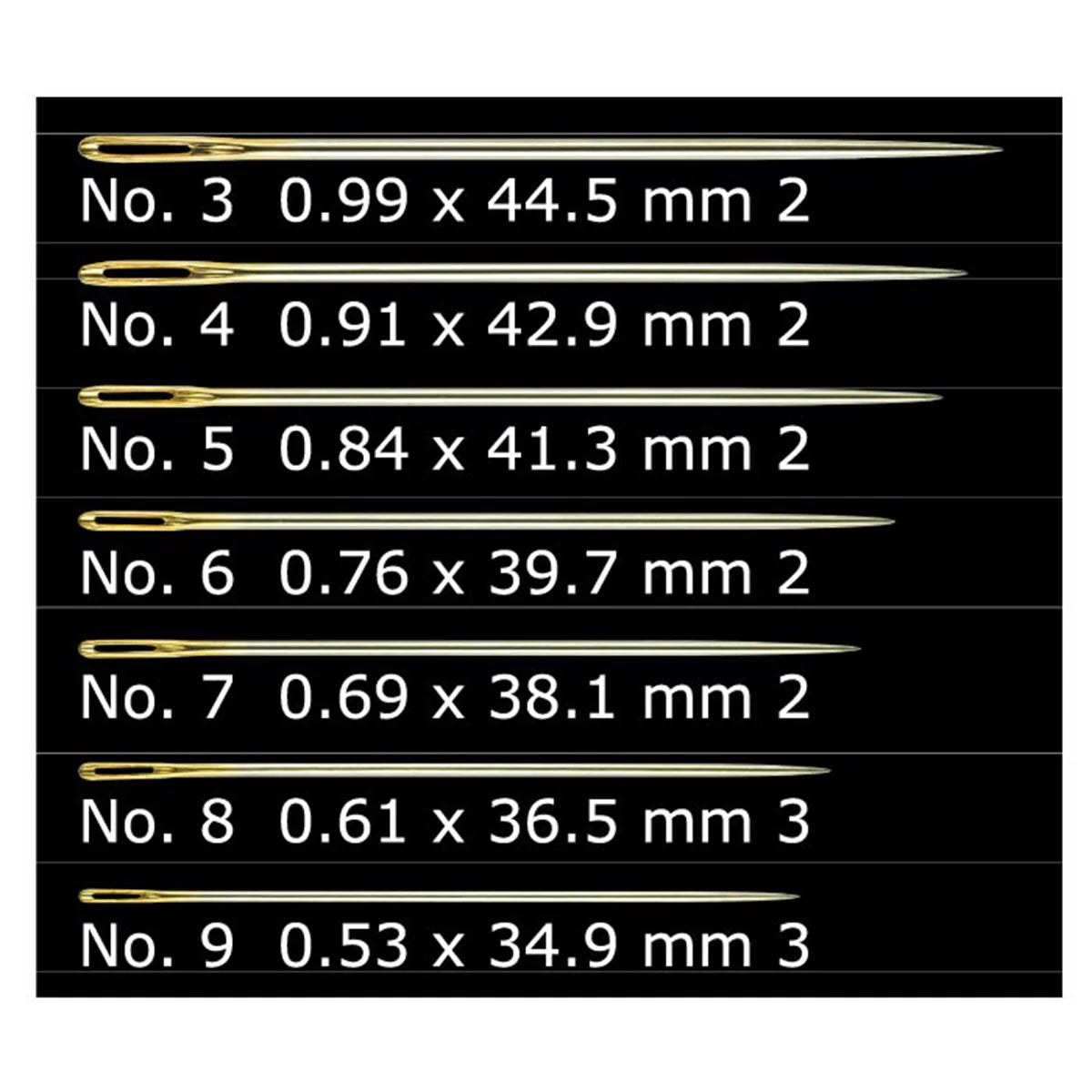 Set of gold needles with size and measurement labels on a black background