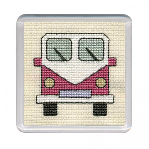 British Textile Heritage Cross-stitch Coaster kit - Pink Campervan