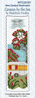 New Zealand designed Cross-stitch bookmark with a Caravan by the Sea.