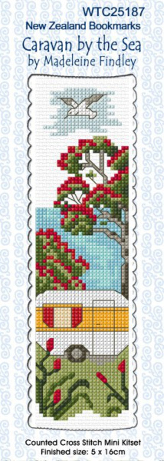 New Zealand designed Cross-stitch bookmark with a Caravan by the Sea.