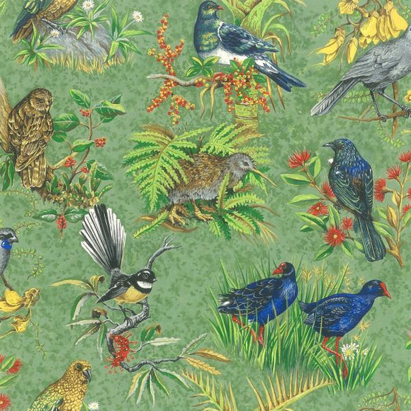 Chatter Birds - Native New Zealand Bird & Plant vignettes on a mottled green background