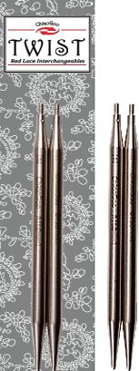Set of 10 cm long knitting needle tips with packaging labeled 'Twist' on a gray background with floral patterns.