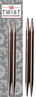 Set of 13 cm long knitting needle tips with packaging labeled 'Twist' on a gray background with floral patterns.
