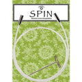 Knitting needle cable on a green patterned background, branded 'Spin'.