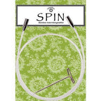 Knitting needle cable on a green patterned background, branded 'Spin'.