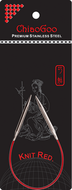 ChiaoGoo knitting needle with red cable on a black background