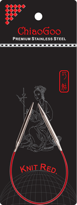 ChiaoGoo knitting needle with red cable on a black background