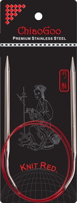 ChiaoGoo knitting needle with black packaging featuring a design and text.