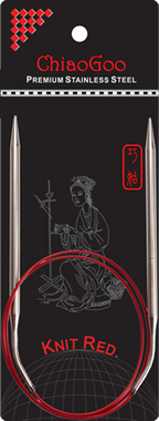 ChiaoGoo knitting needle with black packaging featuring a design and text.