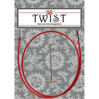 Red lace interchangeable knitting needles on a gray floral patterned background with 'Twist' branding.