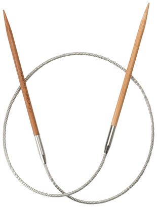 Pair of circular knitting needles with bamboo tips on a white background