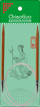 ChiaoGoo bamboo knitting needles in a green package with a woman and spinning wheel illustration.