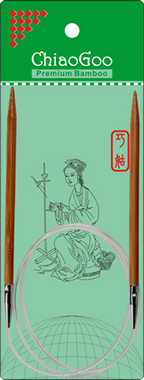 ChiaoGoo bamboo knitting needles in a green package with a woman and spinning wheel illustration.