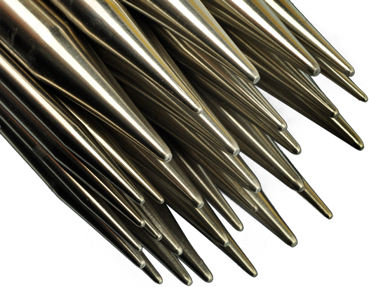 Close up of ChiaoGoo Twist stainless steel knitting needle tips. 
