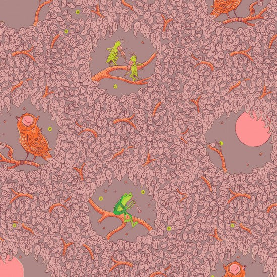 A Quilt fabric with a whimsical animal print featuring frogs, grasshoppers, owls, moon, and trees on a dusty mauve-pink background.