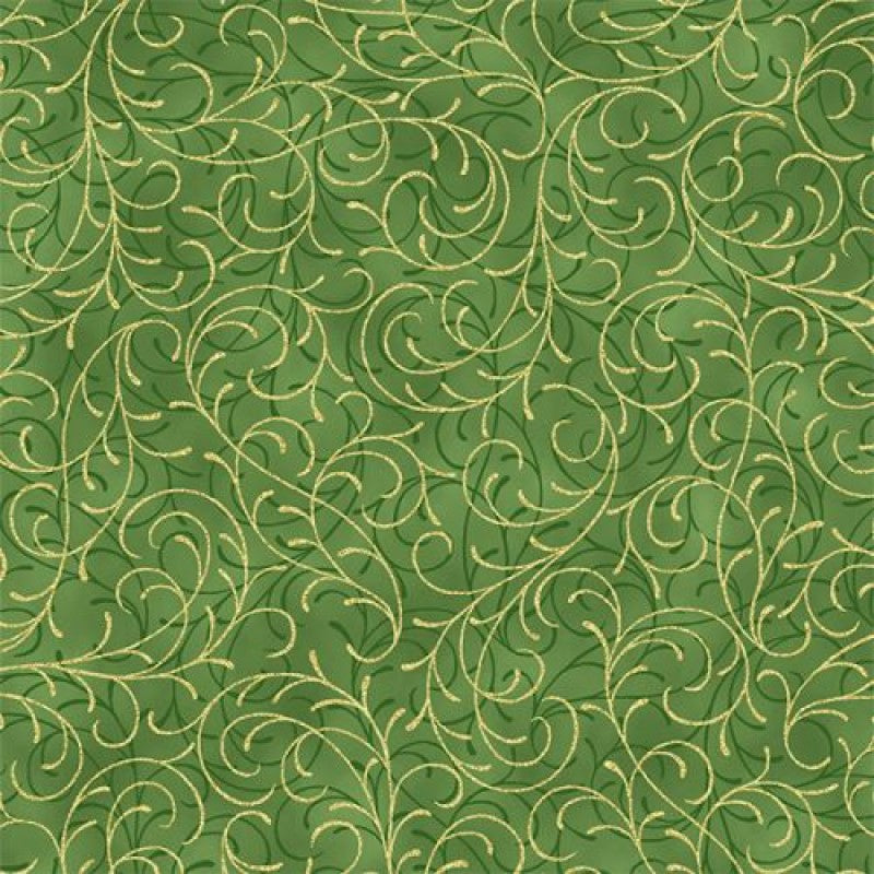 A Christmas fabric featuring a green background with gold overlays in a scroll and leaf design.
