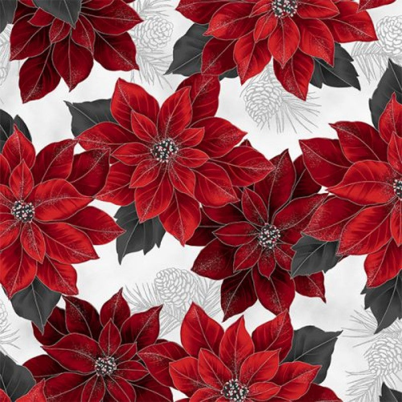 Fabric with a Christmas print featuring red poinsettias and silver accents on an off-white background.