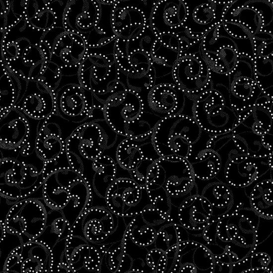 A Quilt fabric featuring a Christmas-themed design with silver and black swirls on an onyx background.