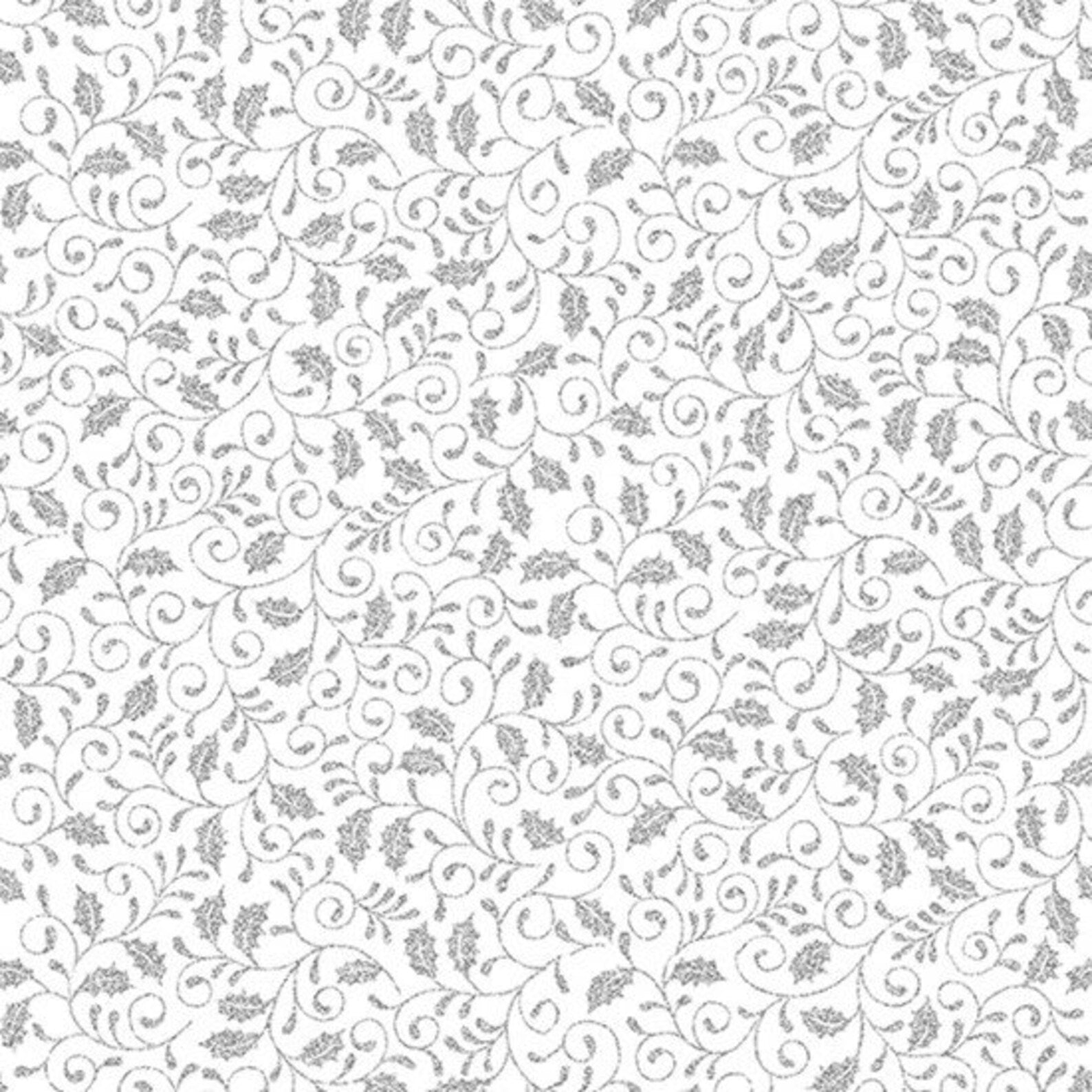 A fabric with a Christmas print featuring holly and scroll designs in silver on a white background.