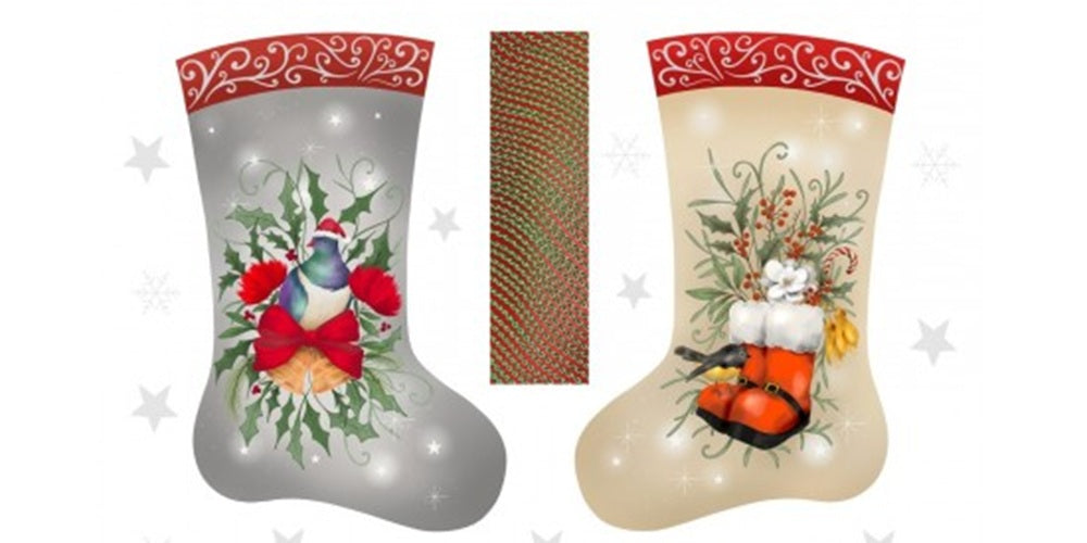 A fabric panel with two Christmas stockings with festive designs featuring New Zealand birds, Kereru & Piwakawaka.