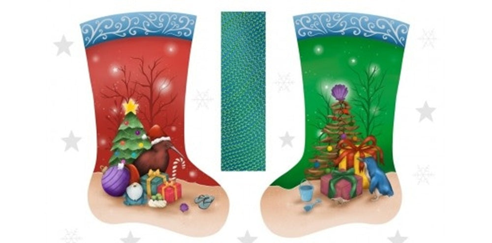 A fabric panel with two Christmas stockings with festive designs featuring New Zealand birds, Kiwi & Korora