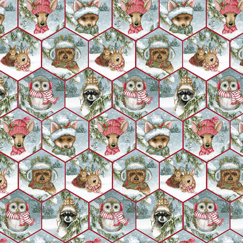 A honeycomb designed Quilt Fabric with adorable animal designs including owls, deer, racoons, foxes, bunnies, and bears in Christmas gear on a snowy blue background.