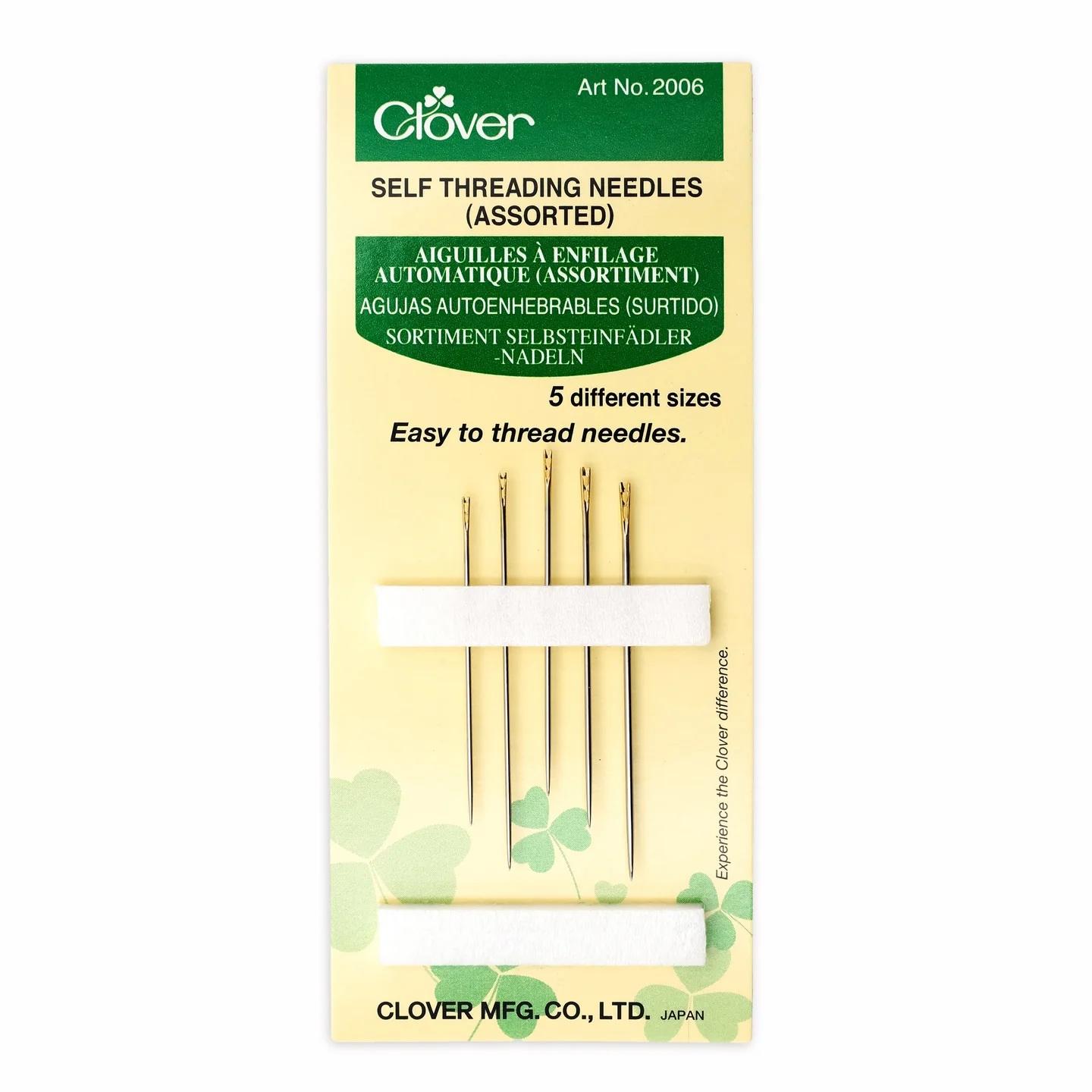 Pack of assorted self-threading needles with Clover branding on a white background