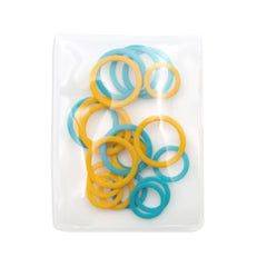 Blue and Yellow stitch markers in a clear plastic storage pouch on a white background