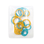 Blue and Yellow stitch markers in a clear plastic storage pouch on a white background