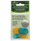 Packaging of Clover 3108 Soft Stitch Ring Knitting Markers, displaying medium to large size markers in orange, blue, and green colors.