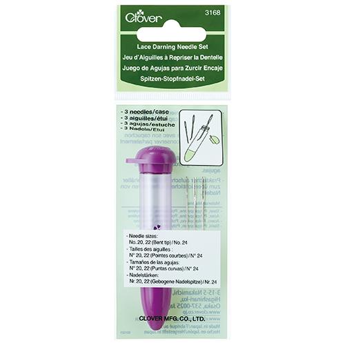 Clover lace darning needle set packaging with purple case and needles on a white background