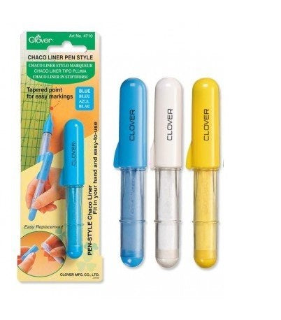 Three refill cartridges for a chalk pen, displayed in blue, white, and yellow colors, with packaging showing the product name and color information.