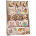 Display of keychains with colorful designs for knitters, quilters or sewers