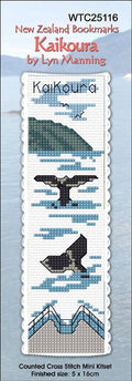 Cross-stitch bookmark kit with whale and mountain design on a white background