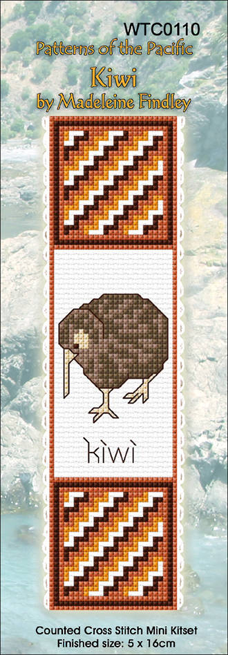 New Zealand designed Cross-stitch bookmark with a Kiwi bird.