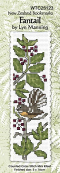 New Zealand designed Cross-stitch bookmark with a Fantail bird.