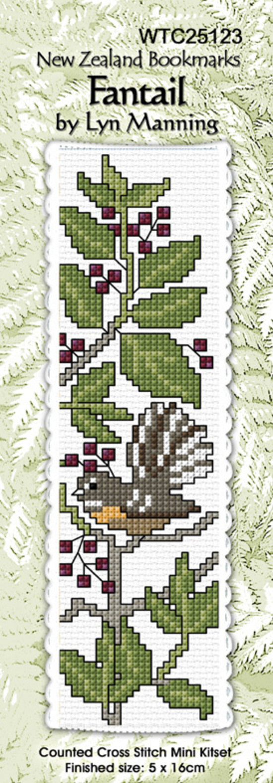 New Zealand designed Cross-stitch bookmark with a Fantail bird.