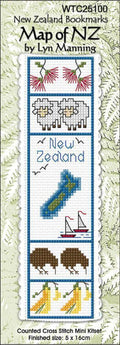 New Zealand designed Cross-stitch bookmark with a Map of NZ.