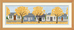 Cross-stitched scene of Arrowtown  row of houses with yellow trees in front, framed in wood.