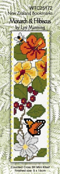 New Zealand designed Cross-stitch bookmark with Monarch Butterflies & Hibiscus flowers.