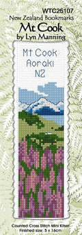 Cross-stitch bookmark kit with Mt Cook design by Lyn Manning.