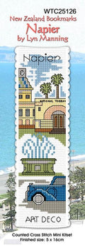 New Zealand designed Cross-stitch bookmark with Napier motifs.