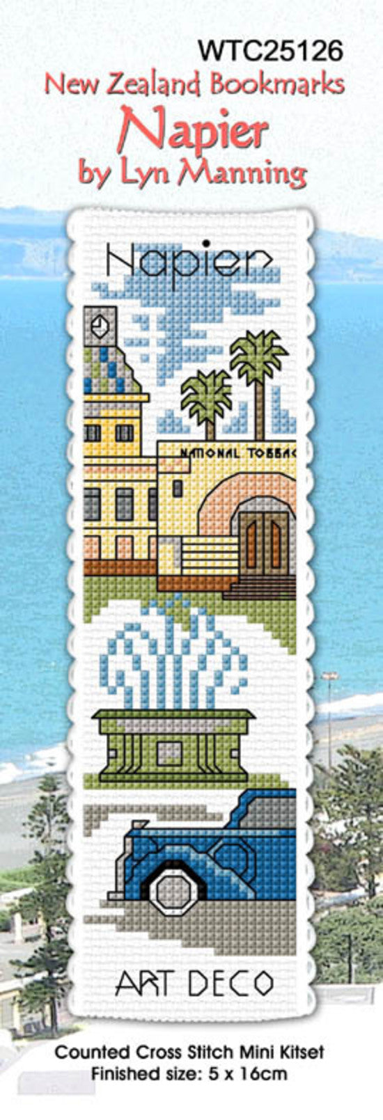 New Zealand designed Cross-stitch bookmark with Napier motifs.