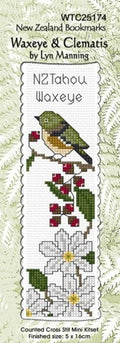 New Zealand designed Cross-stitch bookmark with Waxeye birds & Clematis.