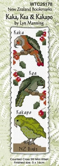 New Zealand designed Cross-stitch bookmark with Kaka, Kea & Kakapo birds.