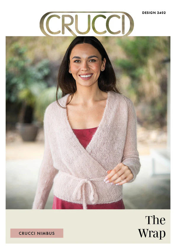 Woman wearing a knitted cardigan with 'Crucci' branding 